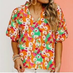 THML Floral Puff Sleeve Colorful Blouse